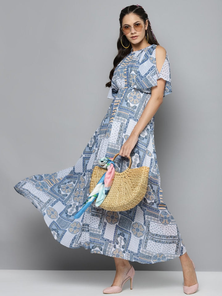 Women's Blue Patch Print Maxi Dress - SASSAFRAS