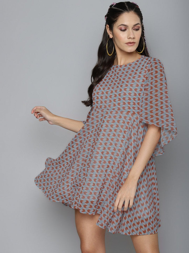 Women's Orange Arrow Geo Print Flared Cape Dress - SASSAFRAS