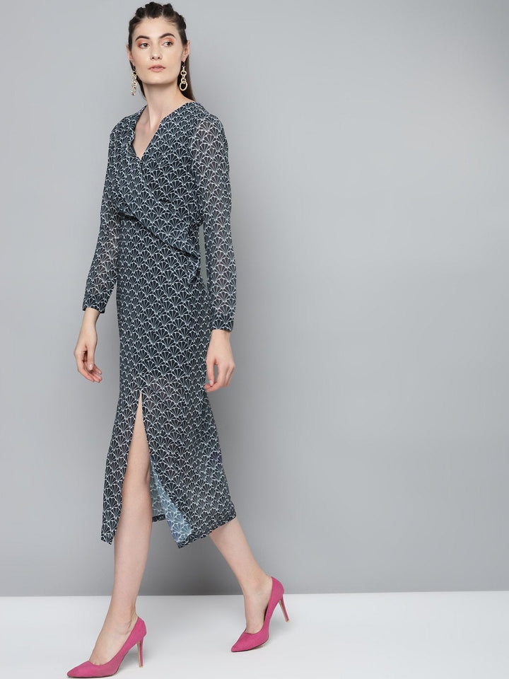 Women's Navy Floral Geo Print Wrap Detail Midi Dress - SASSAFRAS