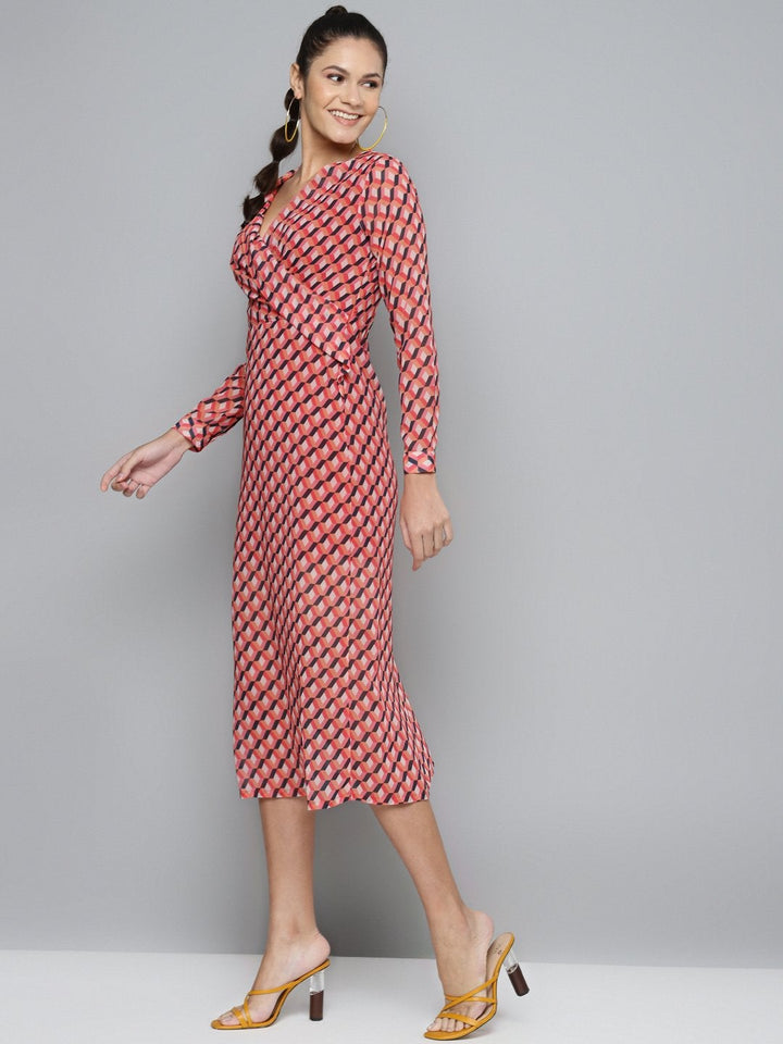 Women's Orange Geo Wrap Detail Midi Dress - SASSAFRAS
