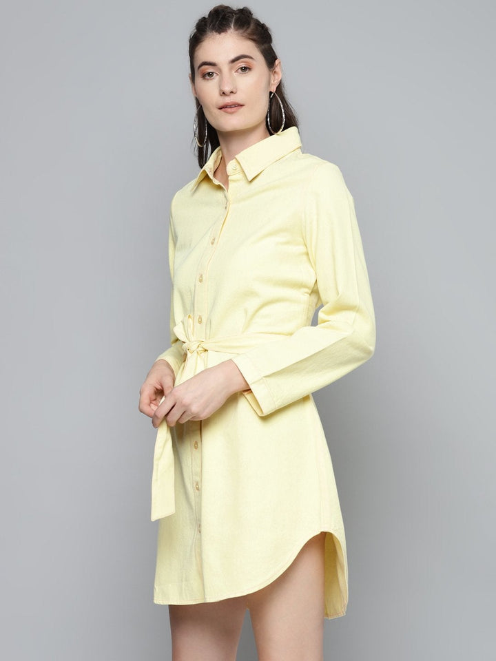 Women's Yellow Belted Shirt Dress - SASSAFRAS
