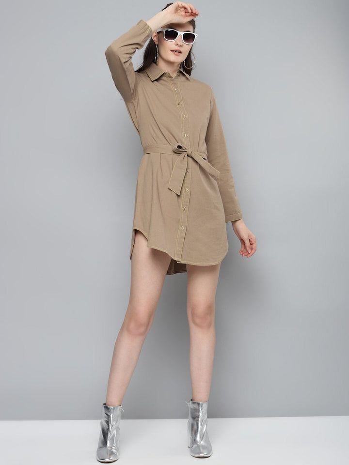 Women's Beige Belted Shirt Dress - SASSAFRAS