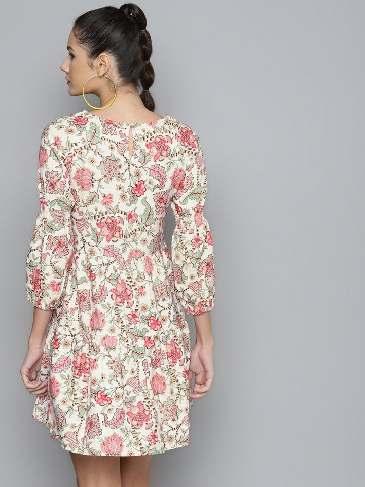 Women's Beige & Red Floral Tiered Skater Dress - SASSAFRAS