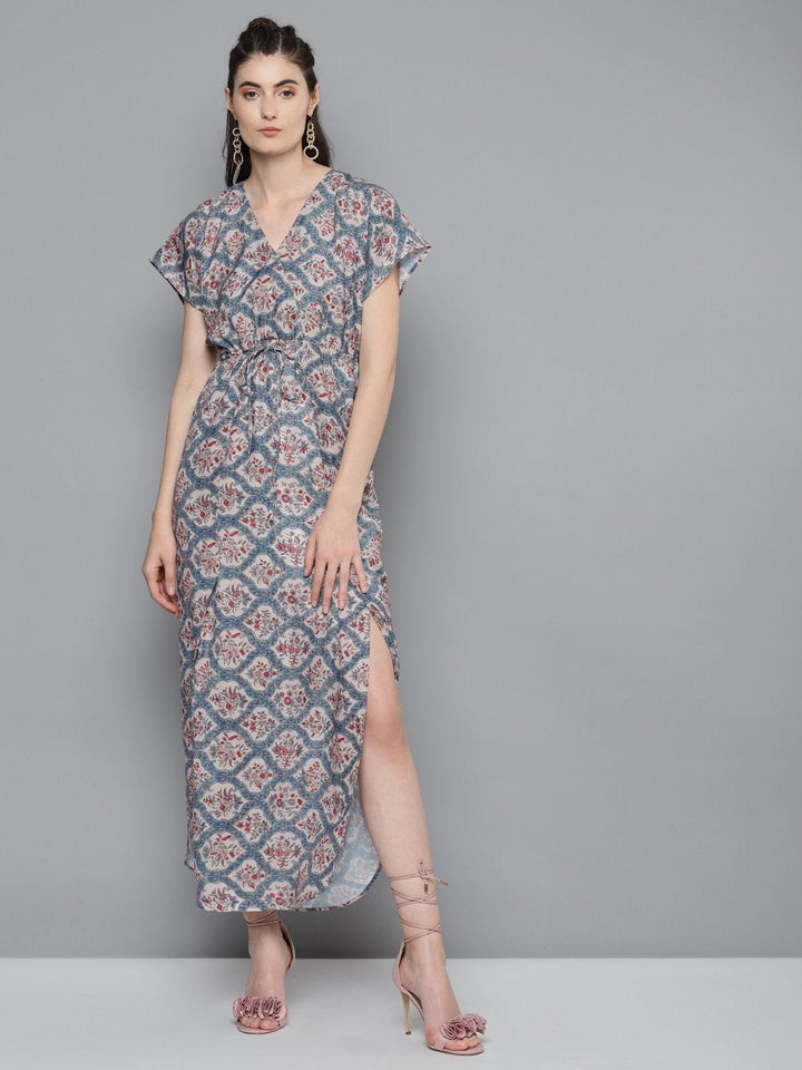 Women's Blue & Beige Floral Drawstring Maxi Dress - SASSAFRAS
