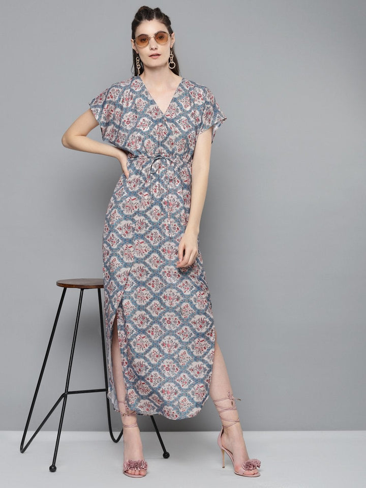 Women's Blue & Beige Floral Drawstring Maxi Dress - SASSAFRAS