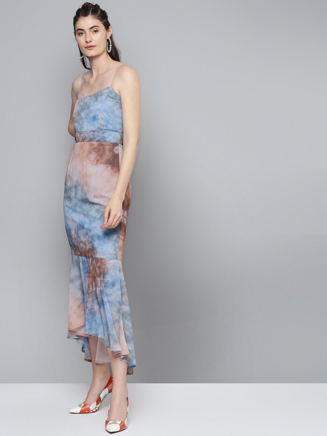 Women's Blue & Brown Tie-Dye Print Strappy Maxi - SASSAFRAS