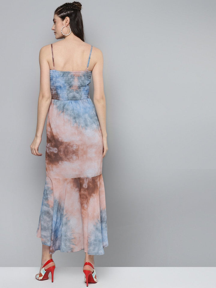 Women's Blue & Brown Tie-Dye Print Strappy Maxi - SASSAFRAS