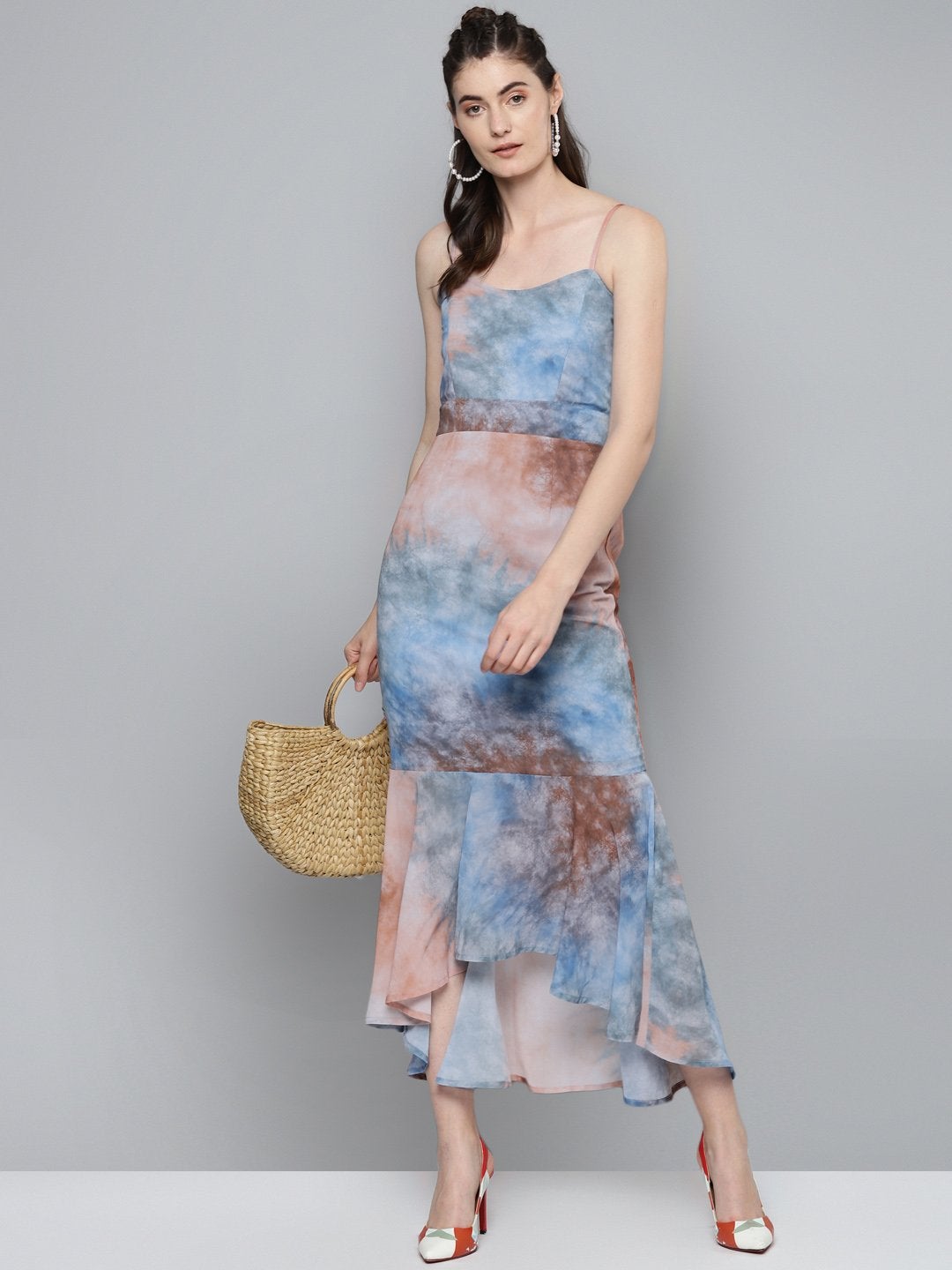 Women's Blue & Brown Tie-Dye Print Strappy Maxi - SASSAFRAS