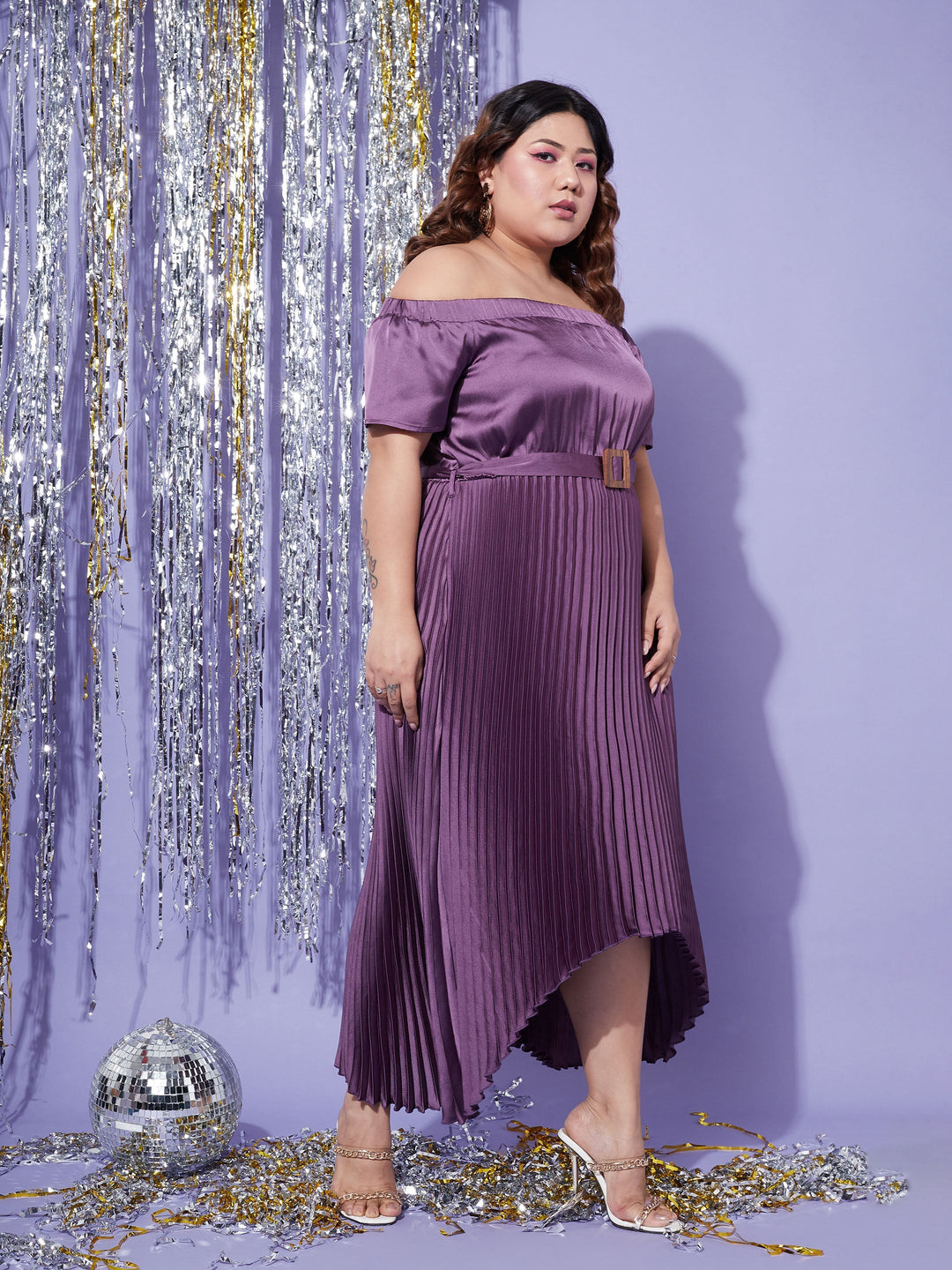 Women's Purple Satin Accordion Pleats Bardot High Low Belt Dress - SASSAFRAS