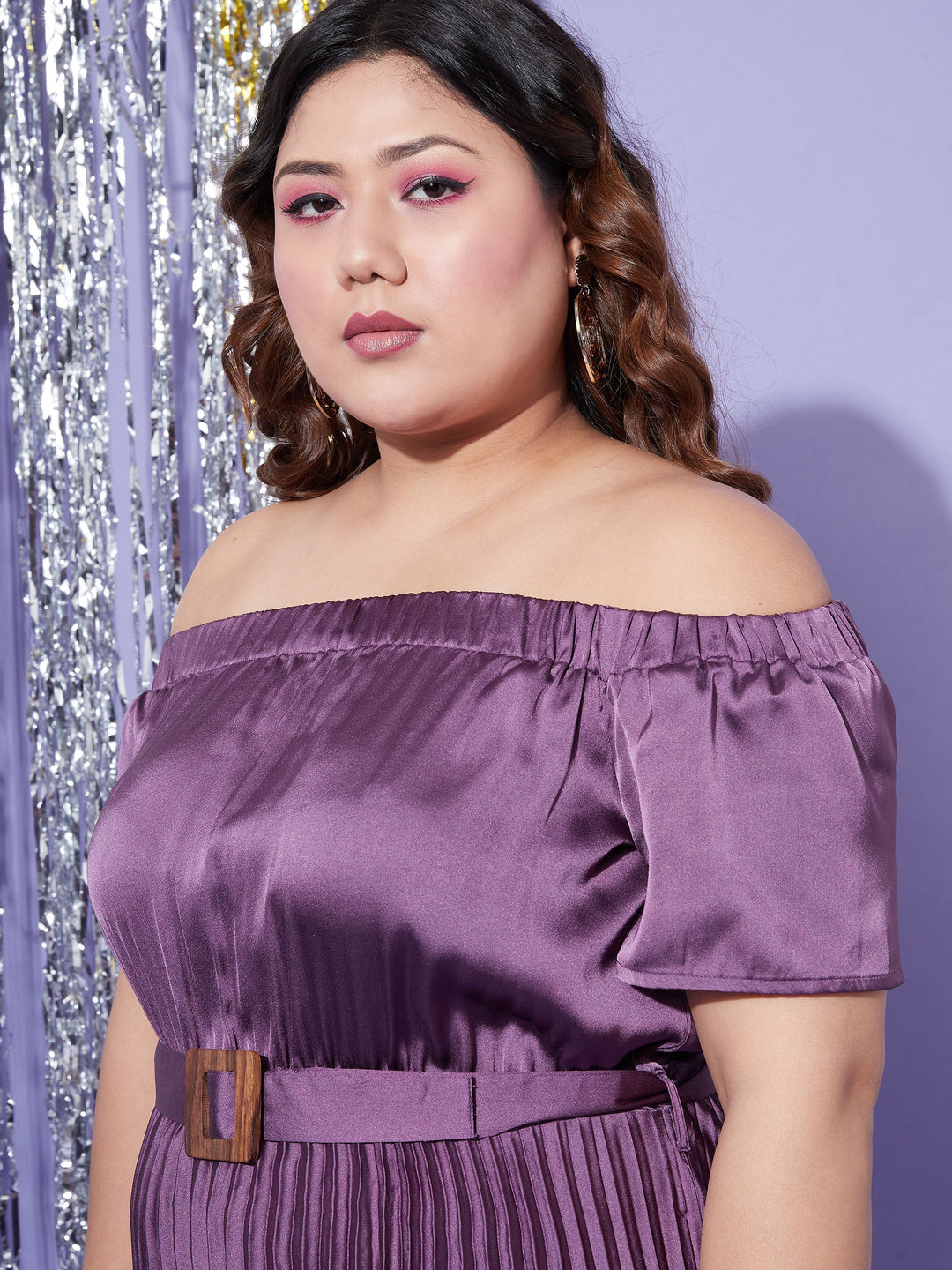 Women's Purple Satin Accordion Pleats Bardot High Low Belt Dress - SASSAFRAS
