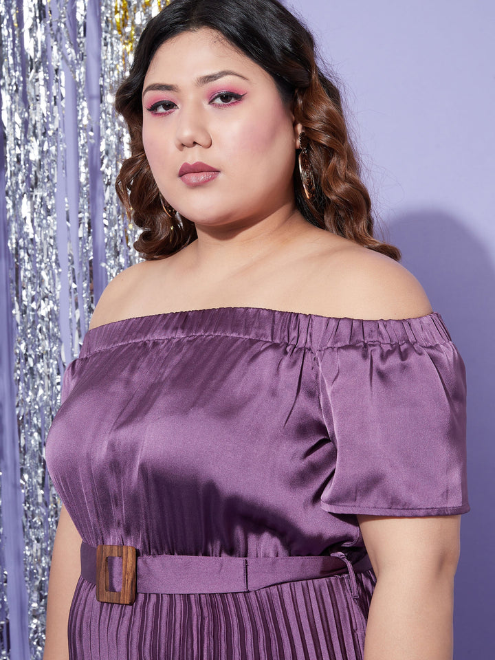 Women's Purple Satin Accordion Pleats Bardot High Low Belt Dress - SASSAFRAS