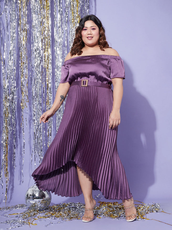 Women's Purple Satin Accordion Pleats Bardot High Low Belt Dress - SASSAFRAS