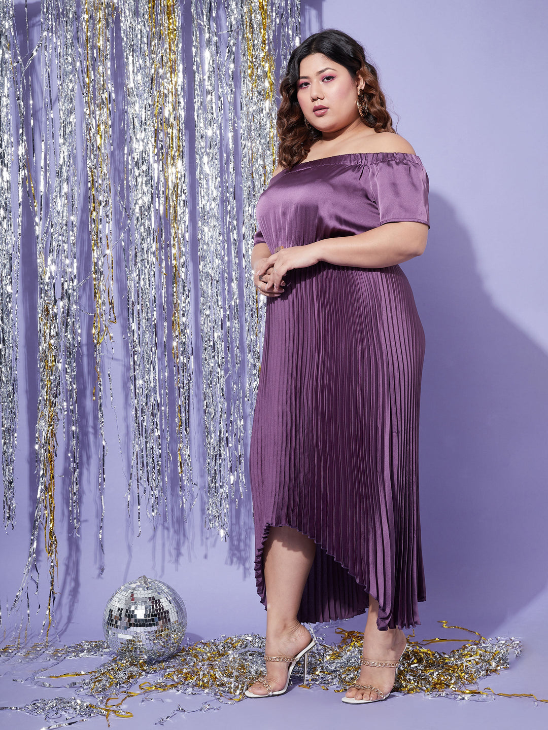Women's Purple Satin Accordion Pleats Bardot High Low Belt Dress - SASSAFRAS