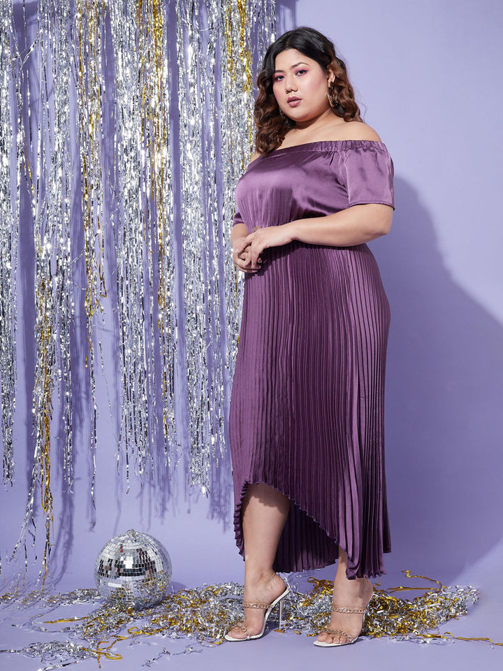 Women's Purple Satin Accordion Pleats Bardot High Low Belt Dress - SASSAFRAS
