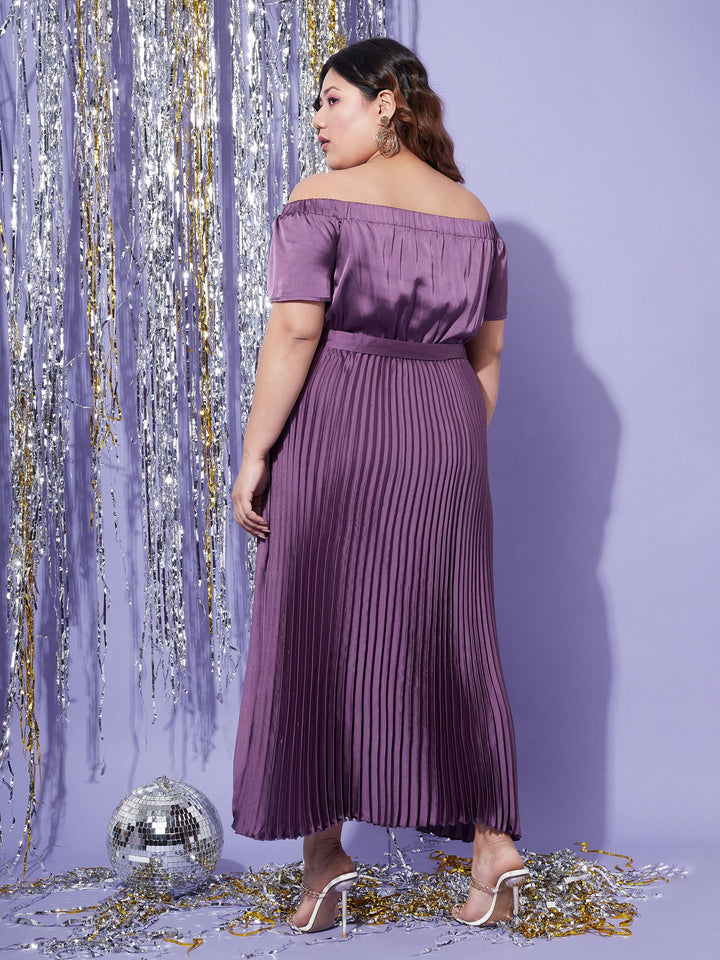 Women's Purple Satin Accordion Pleats Bardot High Low Belt Dress - SASSAFRAS