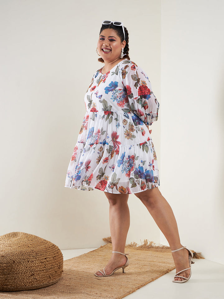 Women's White Floral Raglan Sleeves Tiered Dress - SASSAFRAS