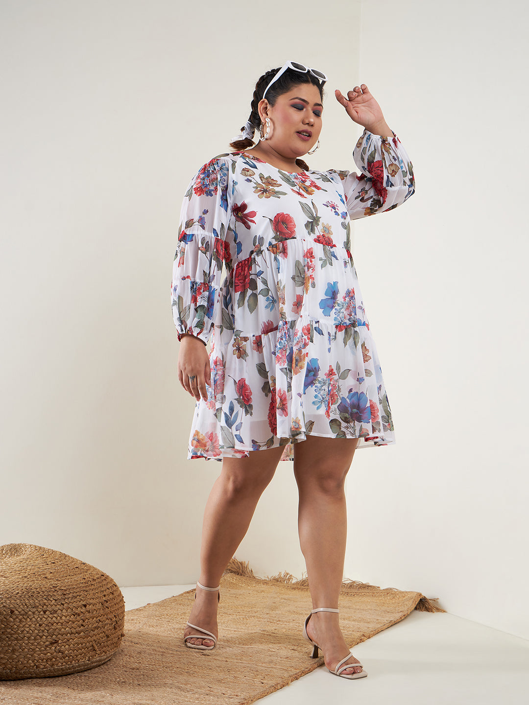 Women's White Floral Raglan Sleeves Tiered Dress - SASSAFRAS