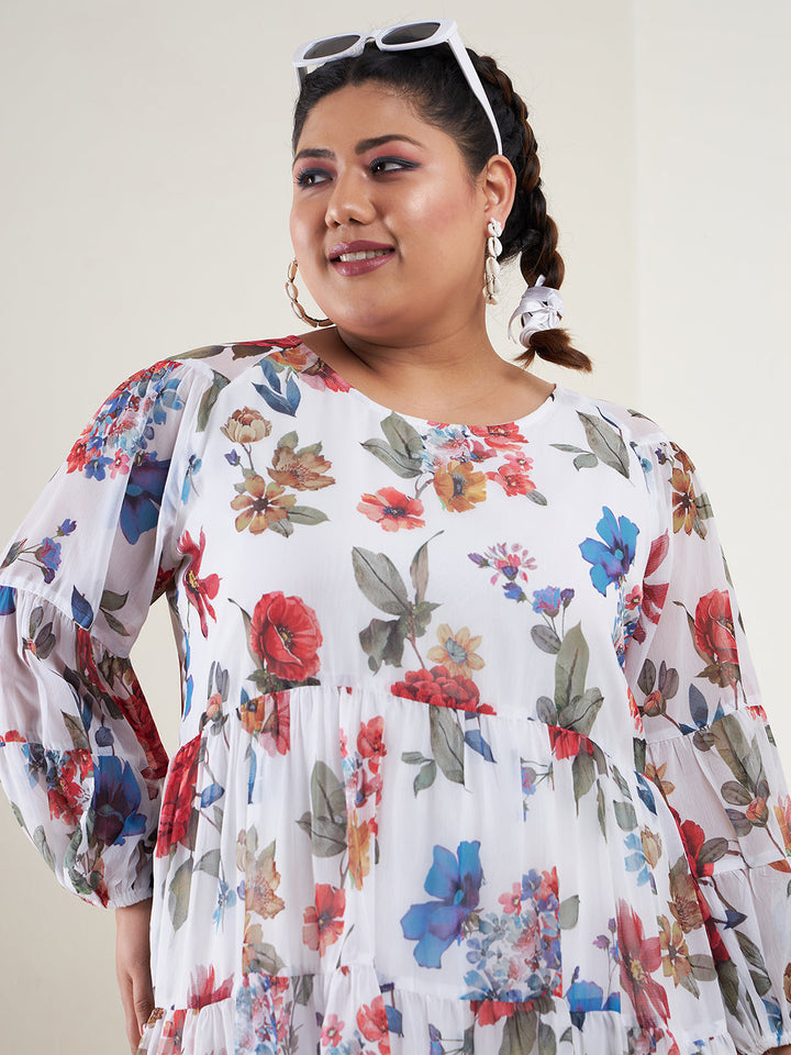 Women's White Floral Raglan Sleeves Tiered Dress - SASSAFRAS