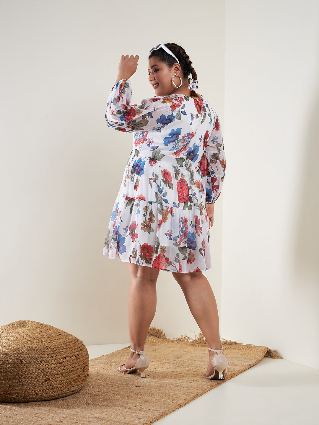 Women's White Floral Raglan Sleeves Tiered Dress - SASSAFRAS