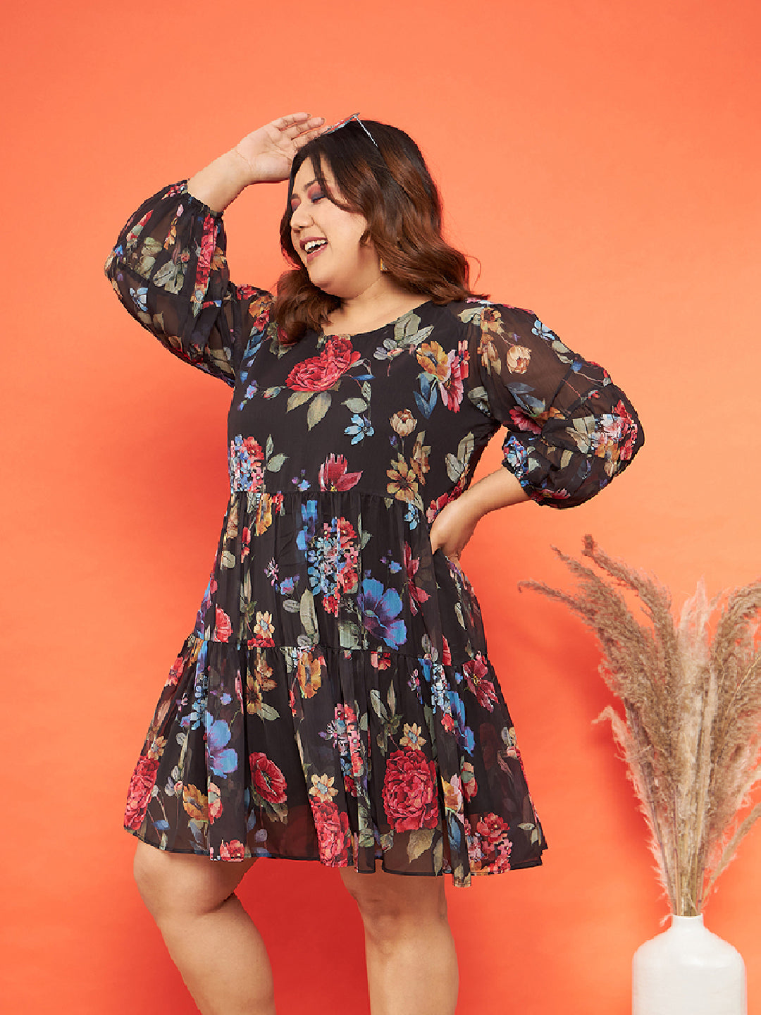 Women's Black Floral Raglan Sleeves Tiered Dress - SASSAFRAS