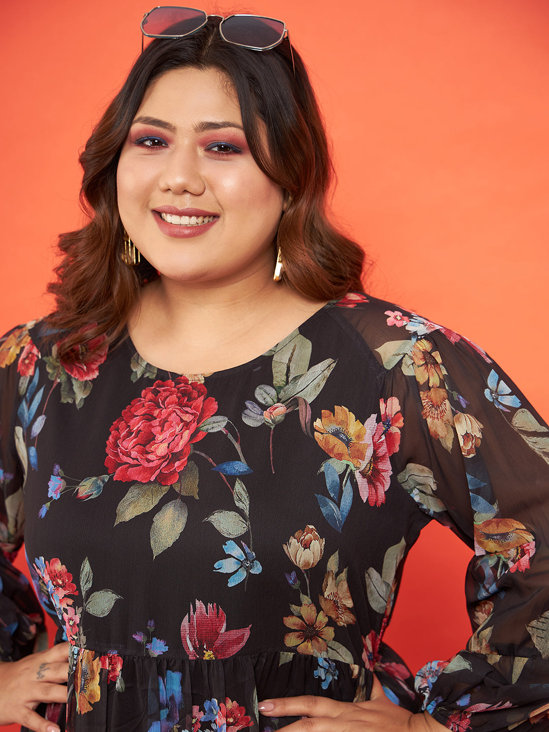 Women's Black Floral Raglan Sleeves Tiered Dress - SASSAFRAS