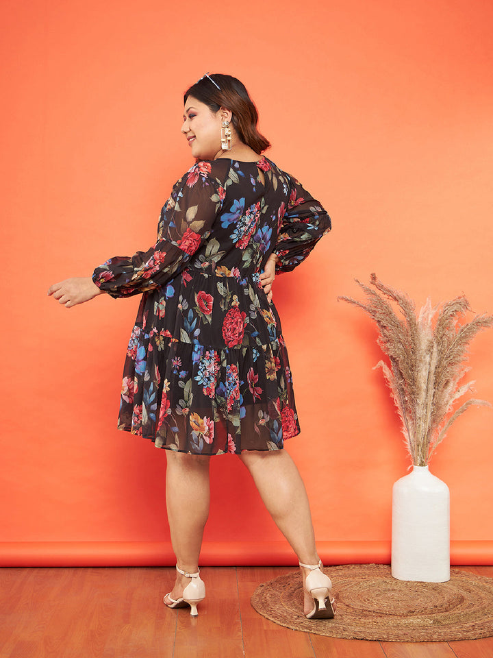 Women's Black Floral Raglan Sleeves Tiered Dress - SASSAFRAS