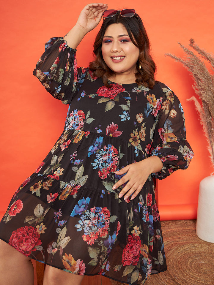 Women's Black Floral Raglan Sleeves Tiered Dress - SASSAFRAS