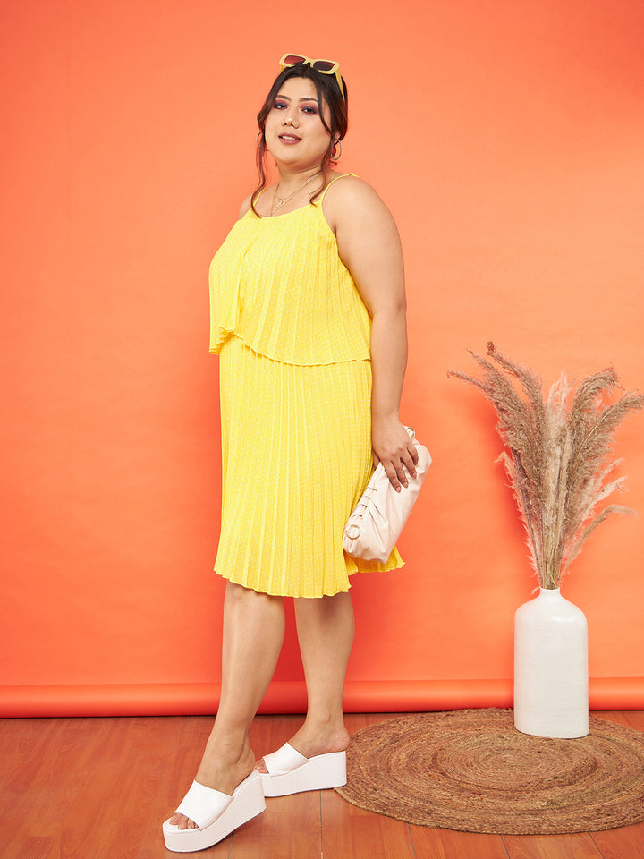 Women's Yellow Polka Dot Accordion Pleated Layered Dress - SASSAFRAS