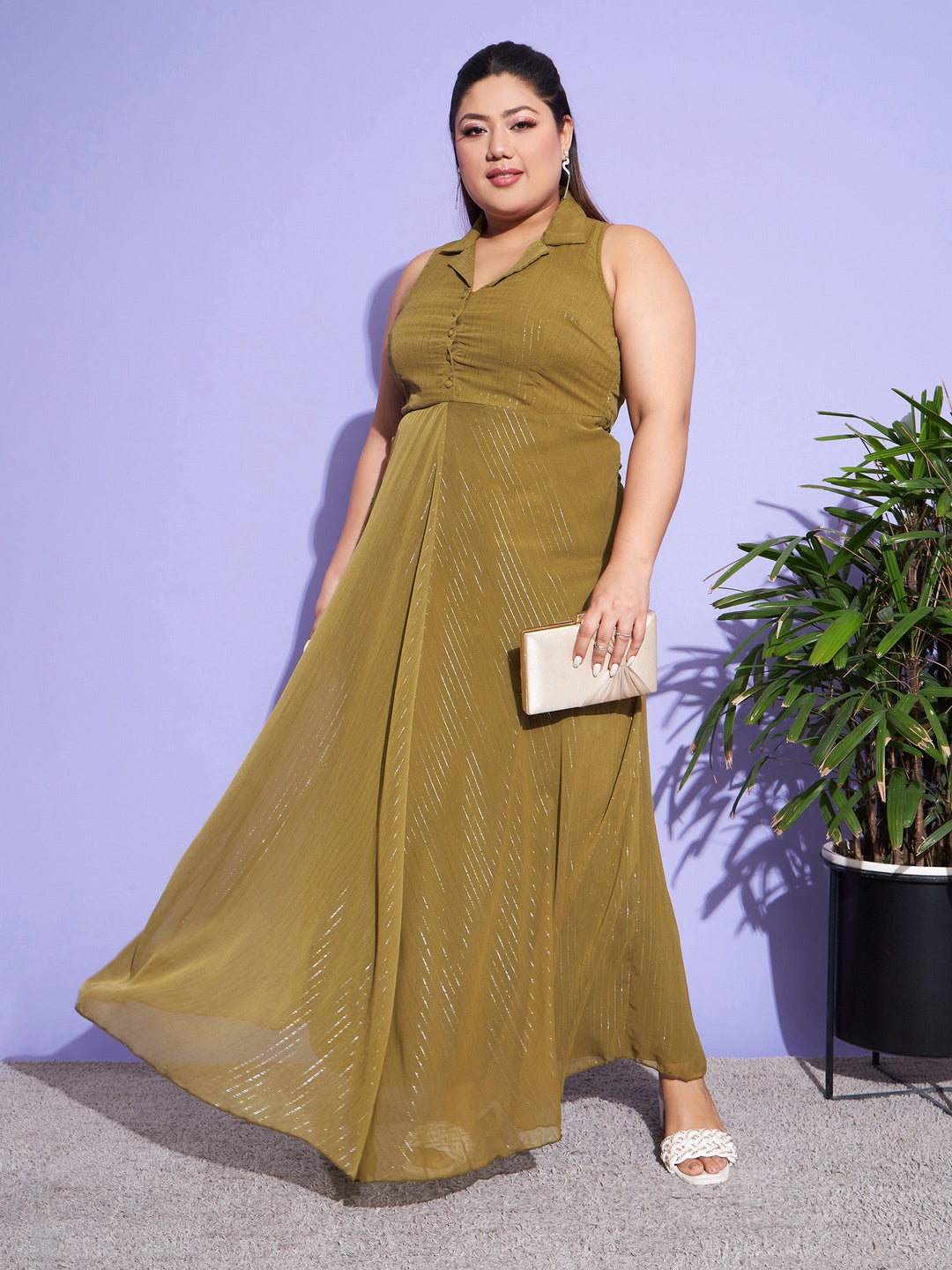 Women's Green Chiffon Lurex Notched Collar Maxi Dress - SASSAFRAS