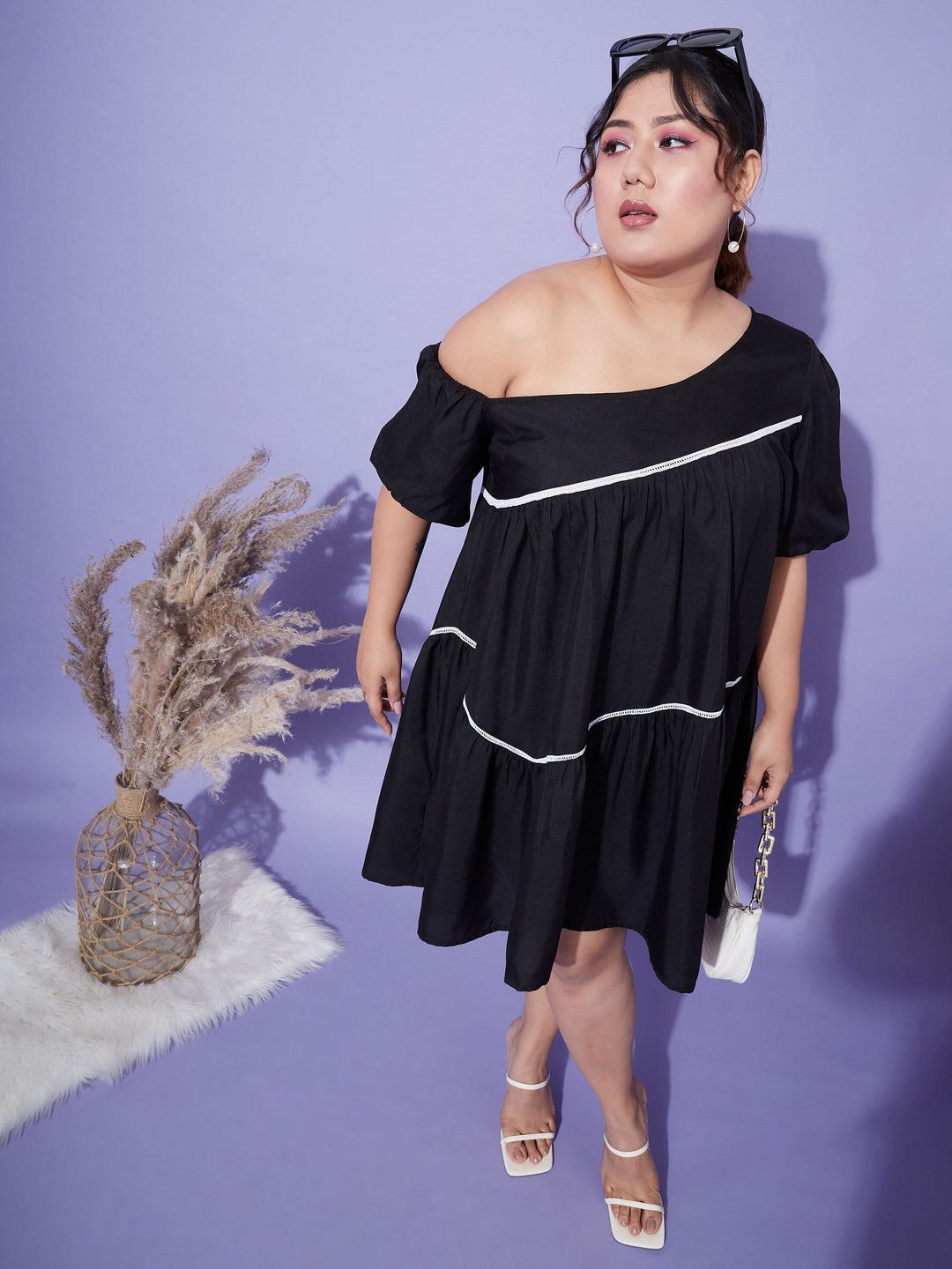 Women's Black One Shoulder Loose Fit Short Dress - SASSAFRAS