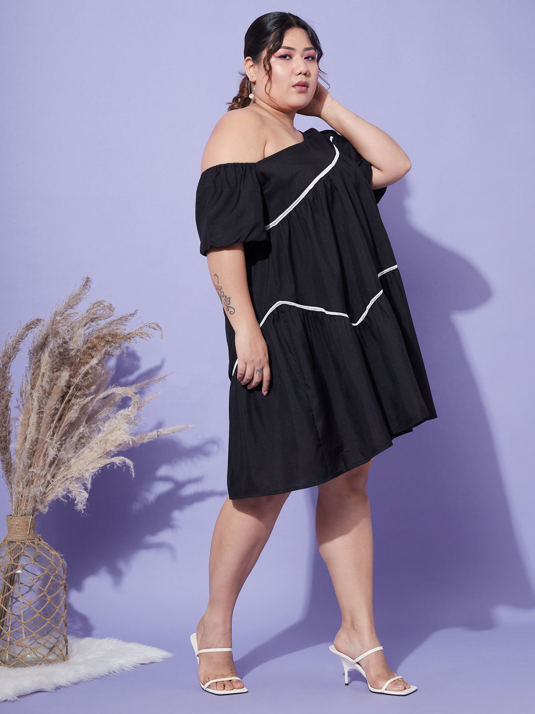 Women's Black One Shoulder Loose Fit Short Dress - SASSAFRAS