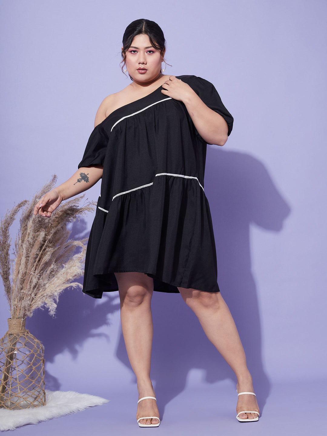 Women's Black One Shoulder Loose Fit Short Dress - SASSAFRAS