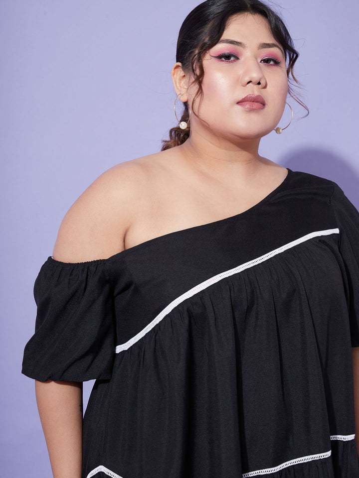 Women's Black One Shoulder Loose Fit Short Dress - SASSAFRAS