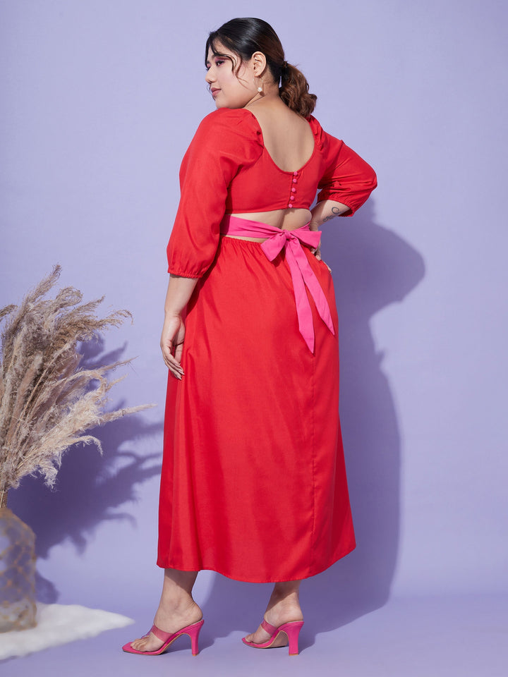 Women's Red Back Tie-Up Midi Dress - SASSAFRAS