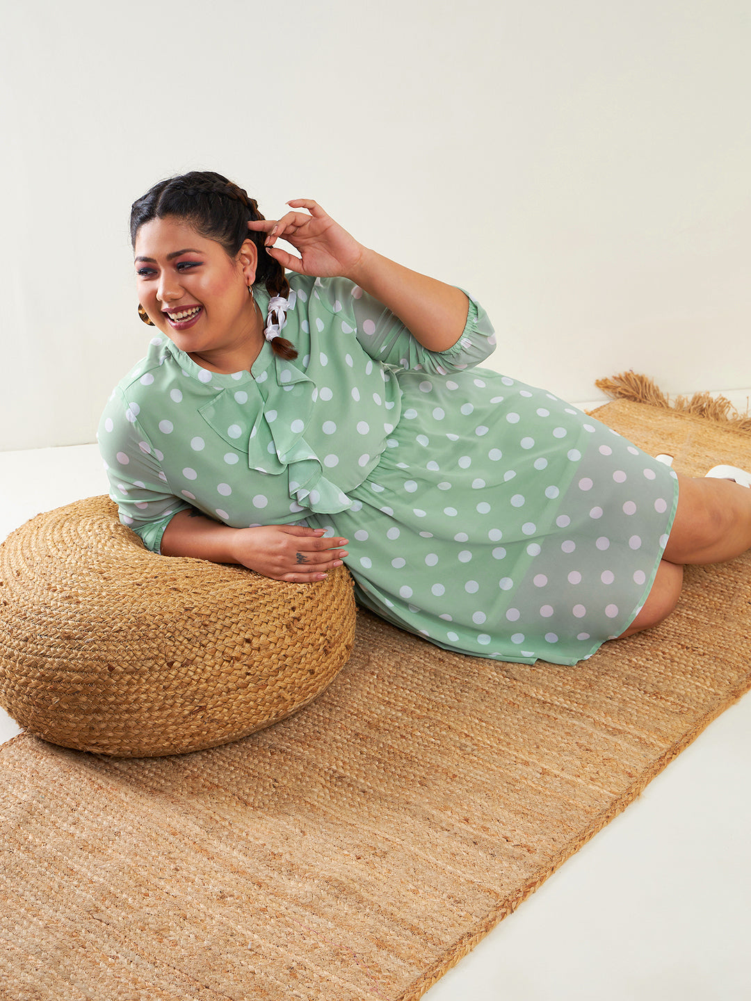 Women's Sea Green Polka Dot Fit & Flare Ruffle Dress - SASSAFRAS