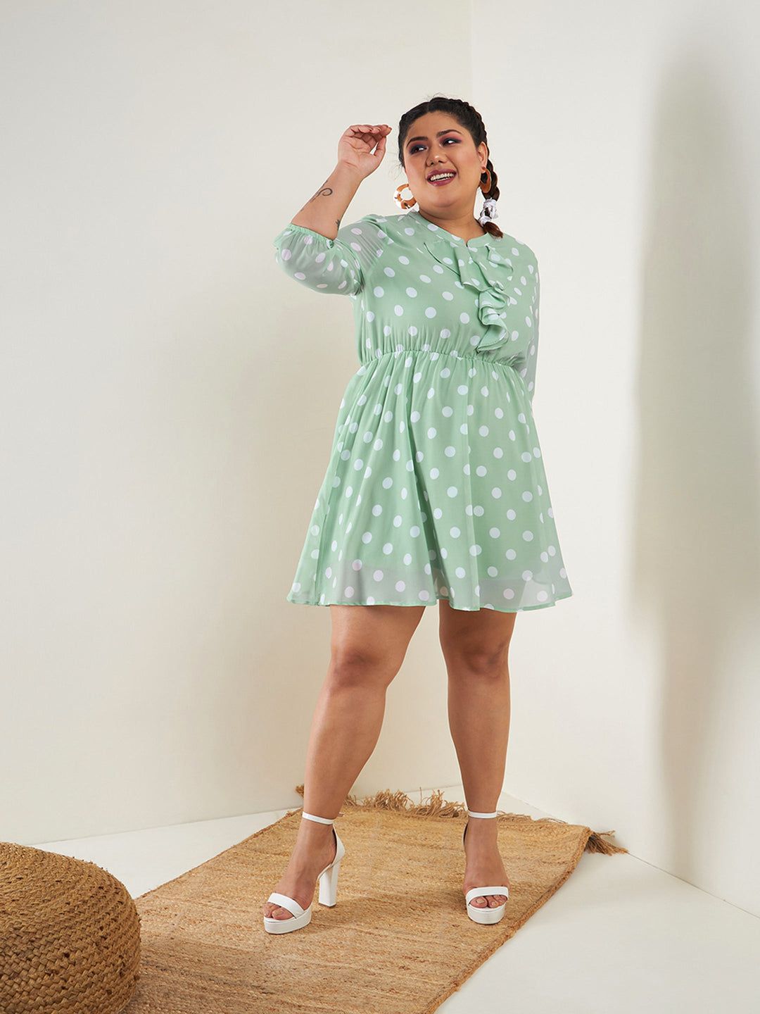Women's Sea Green Polka Dot Fit & Flare Ruffle Dress - SASSAFRAS