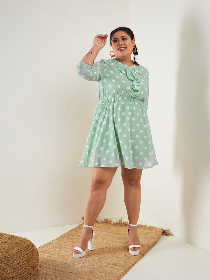 Women's Sea Green Polka Dot Fit & Flare Ruffle Dress - SASSAFRAS