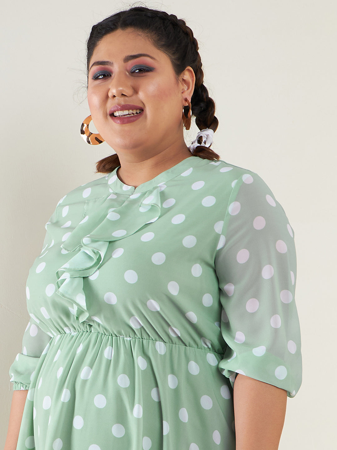 Women's Sea Green Polka Dot Fit & Flare Ruffle Dress - SASSAFRAS