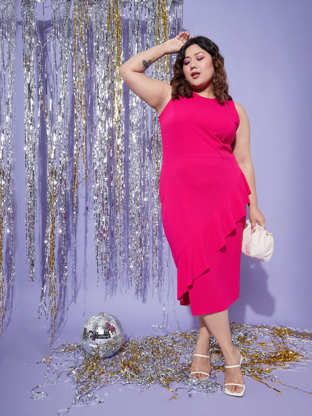 Women's Fuchsia One Side Frill Bodycon Dress - SASSAFRAS