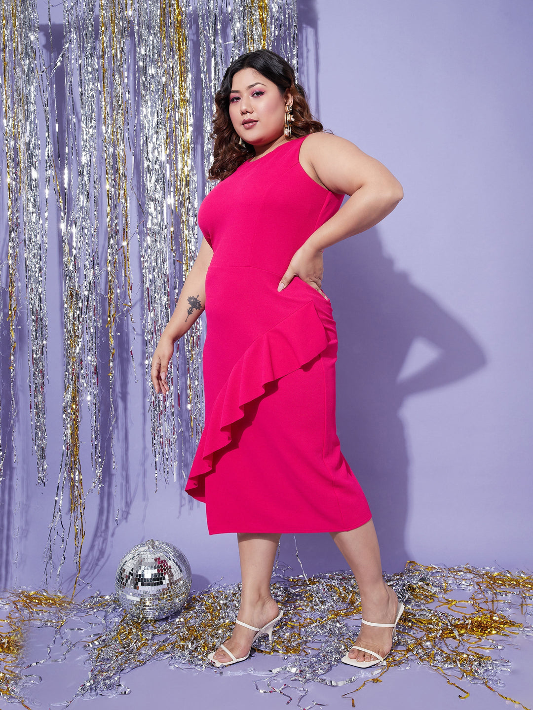 Women's Fuchsia One Side Frill Bodycon Dress - SASSAFRAS