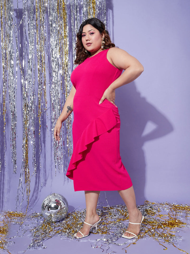 Women's Fuchsia One Side Frill Bodycon Dress - SASSAFRAS