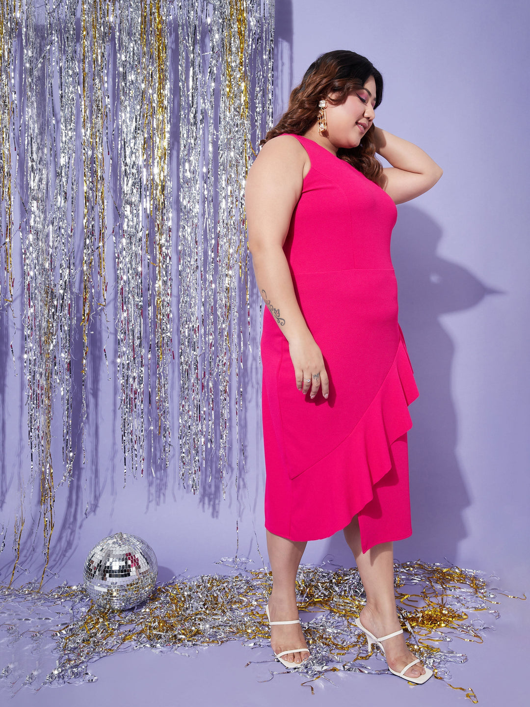 Women's Fuchsia One Side Frill Bodycon Dress - SASSAFRAS