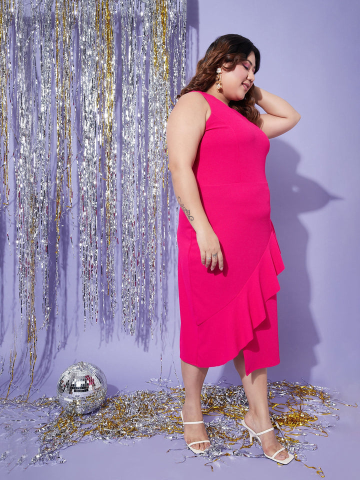 Women's Fuchsia One Side Frill Bodycon Dress - SASSAFRAS