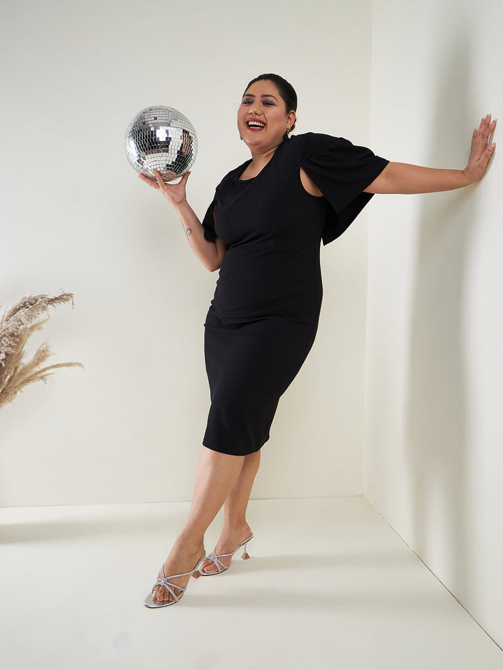 Women's Black Cape Sleeves Bodycon Midi Dress - SASSAFRAS