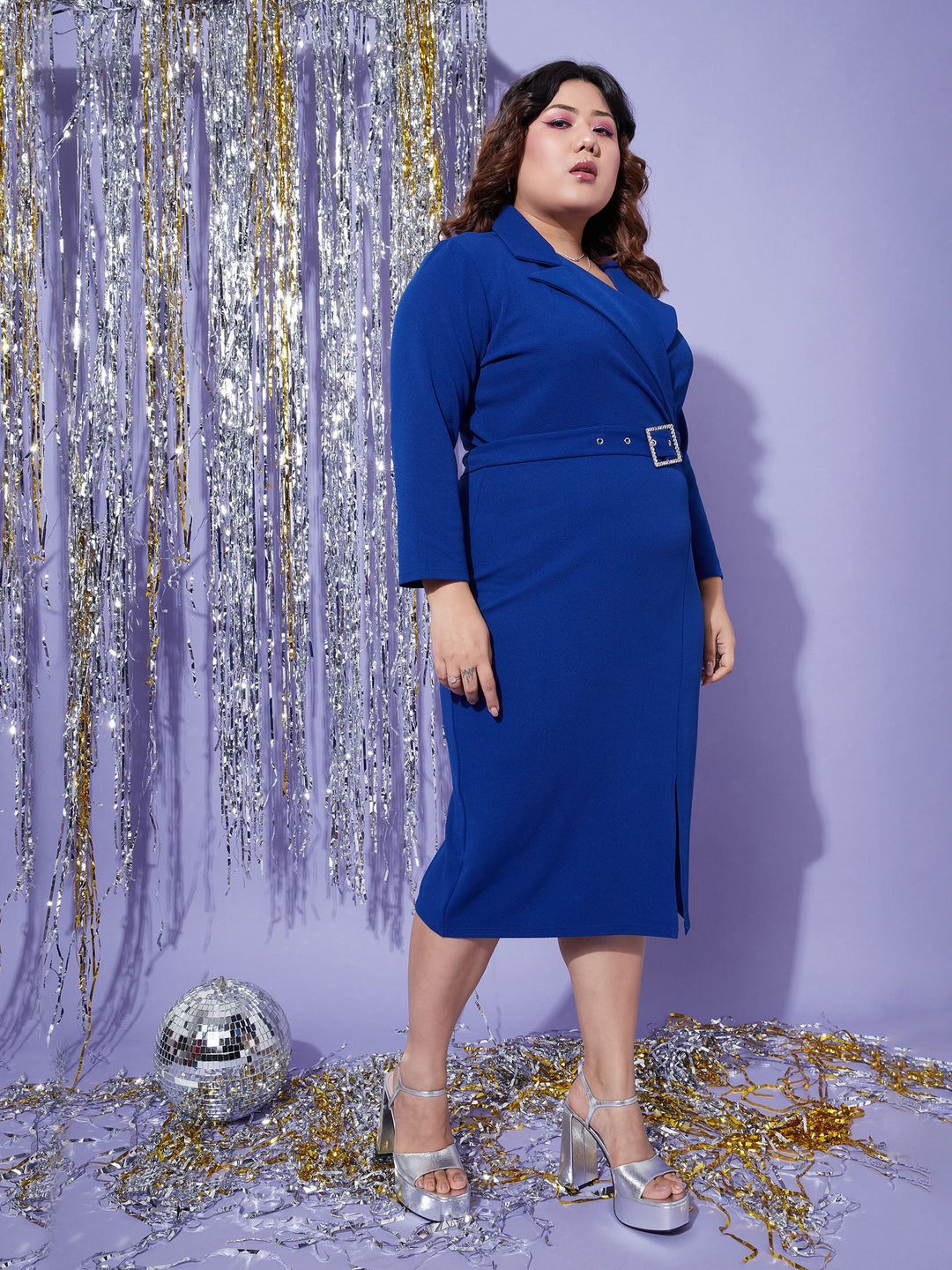 Women's Royal Blue Notch Collar Belted Bodycon Dress - SASSAFRAS