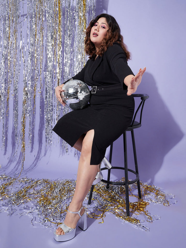 Women's Black Notch Collar Belted Bodycon Dress - SASSAFRAS