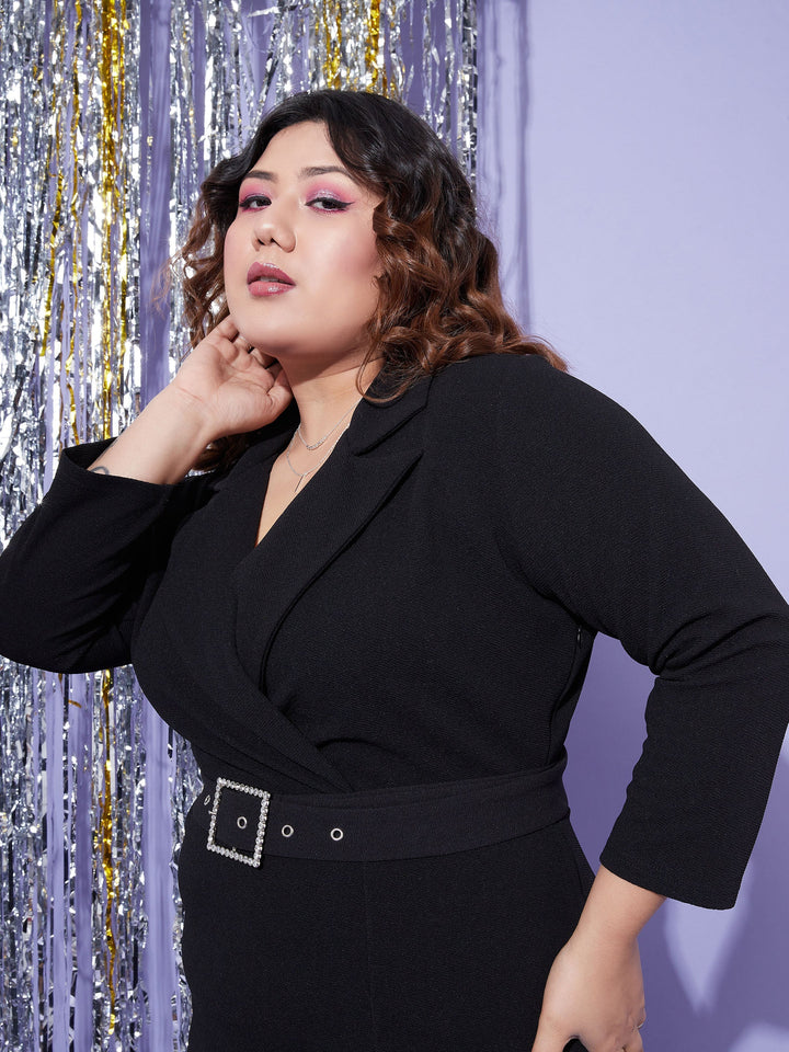 Women's Black Notch Collar Belted Bodycon Dress - SASSAFRAS