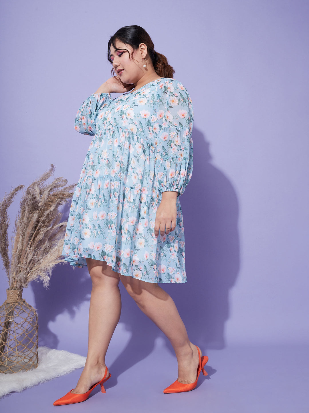 Women's Turquoise Blue Floral Tiered Dress - SASSAFRAS