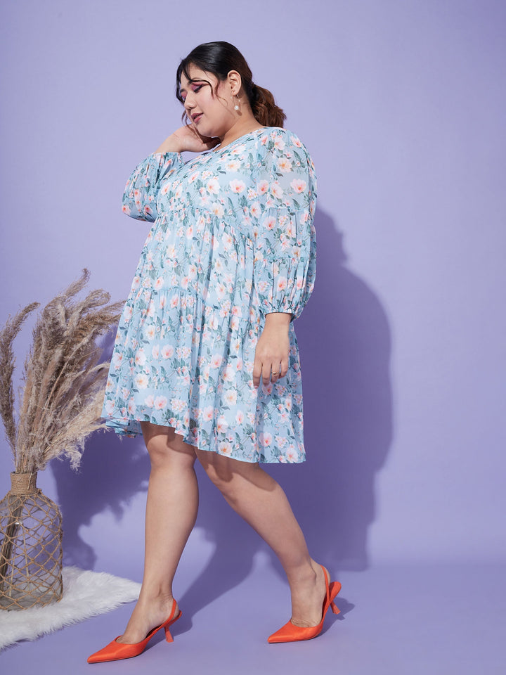 Women's Turquoise Blue Floral Tiered Dress - SASSAFRAS
