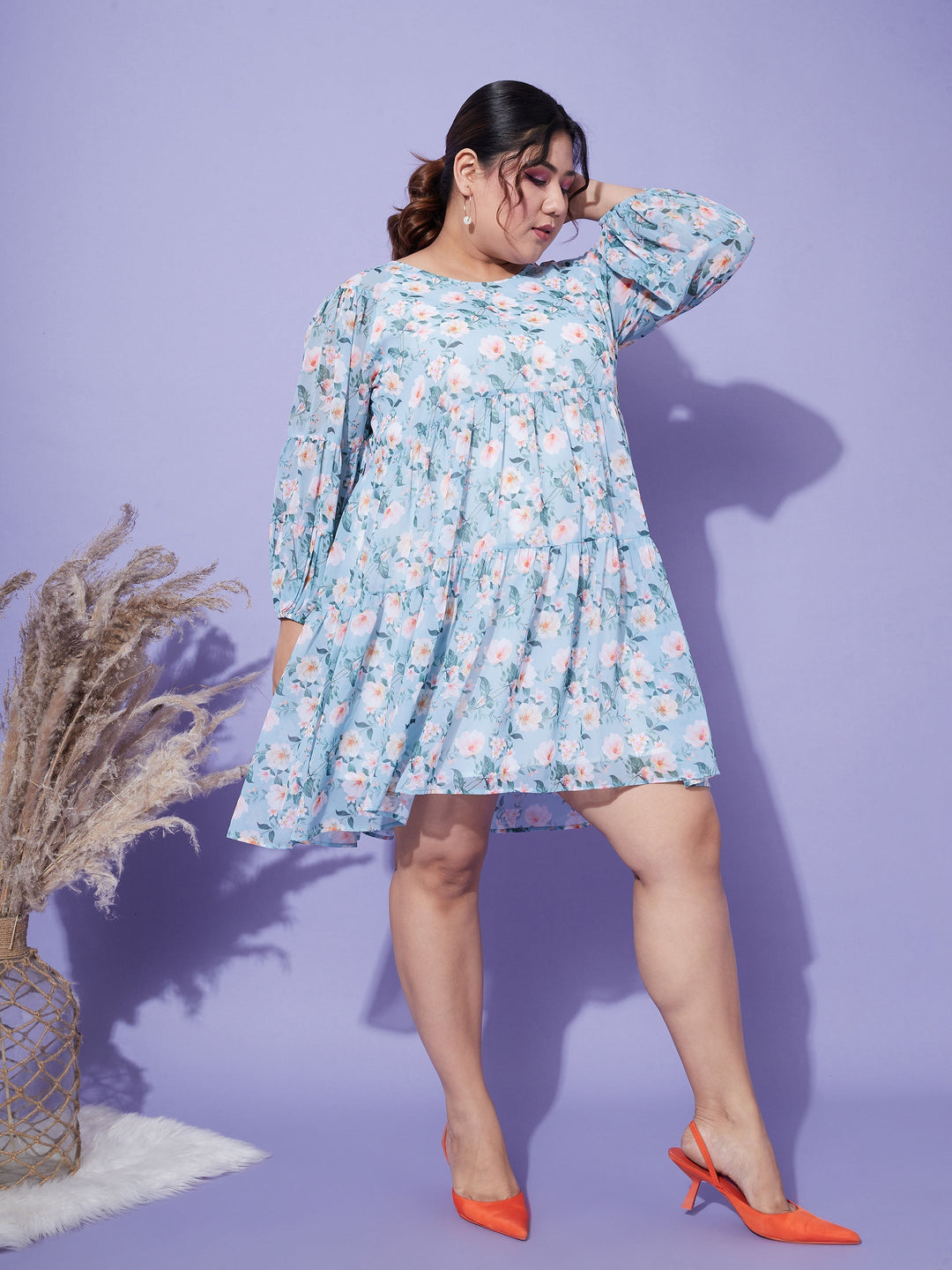 Women's Turquoise Blue Floral Tiered Dress - SASSAFRAS